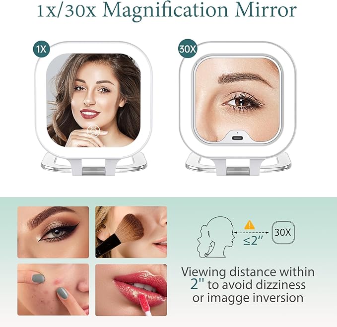 FUNTOUCH Rechargeable Travel Makeup Mirror 30X Magnification, Lighted Portable Vanity Mirror with 3 Colors Lighting & Stepless Dimming, Double Sided LED Mirror, Gift for Women (White+Bag)