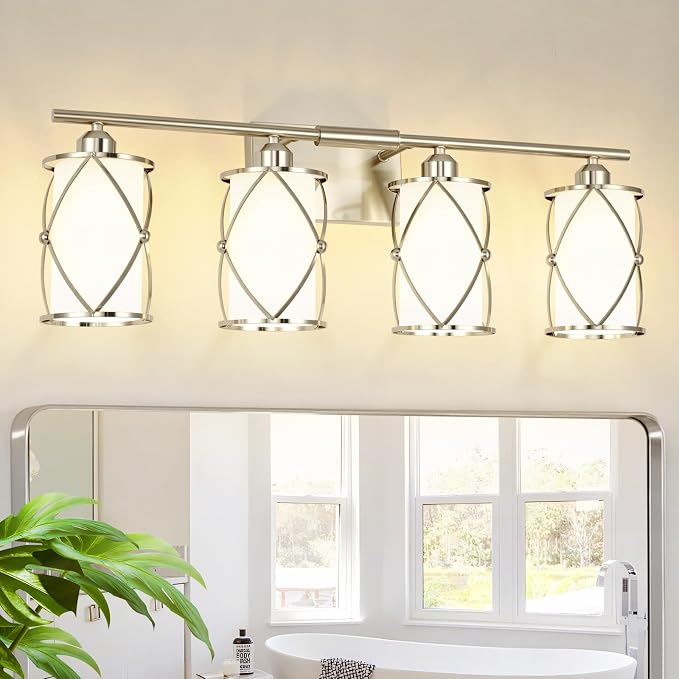 4-Light Brushed Nickel Bathroom Light Fixtures with Milk Frosted Glass, 29" Modern Bathroom Vanity Lighting Fixtures Over Mirror with Metal Cage, Wall Sconce Lights for Bath, E26, CH9176BNW-4W