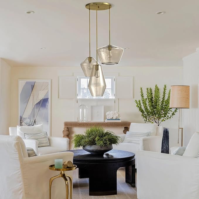 Modern Glass Pendant Light Champagne Gold Glass Chandelier Lighting Fixtures Dining Room Adjustable Hanging Cluster Pendant Lamp Nordic 3-Light Heads Pendant Lighting for Kitchen Bedroom