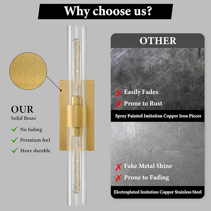 Champagne Brass Bathroom Wall Sconce: Modern Gold Indoor Dimmable Lighting | Clear Glass Tube Light Fixtures, Vertical or Horizontal Mounted Vanity Sconces for Living Room Bedroom Hallway