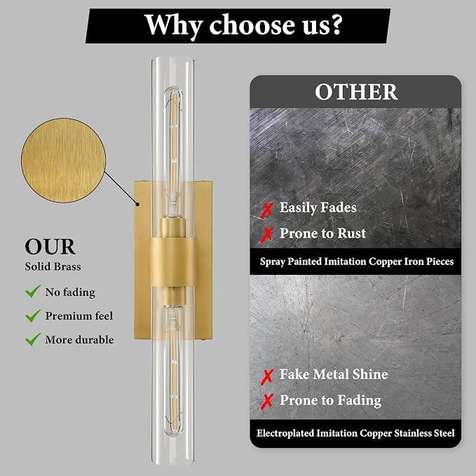 Champagne Brass Bathroom Wall Sconce: Set of 2 Modern Gold Decor Lighting | Clear Glass Tube Minimalist Vanity Sconces, Vertical or Horizontal Dimmable Brushed Light Fixture for Indoor Hallway Bedroom