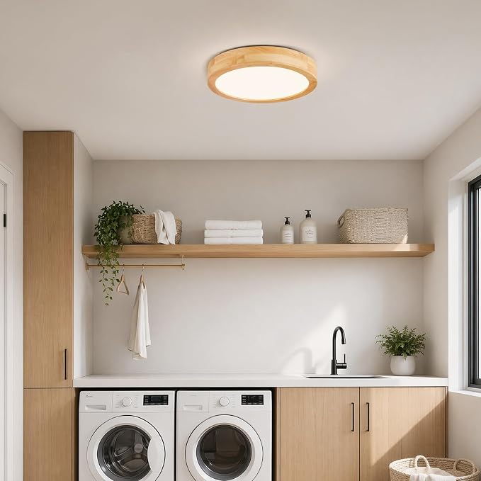 Pevfah Modern Dimmable 11.81in Wood Flush Mount Ceiling Light, 5CCT LED Round Close to Ceiling Lighting Fixtures, Minimalist Ceiling Lamp for Bedroom, Kitchen, Hallway, Laundry Room