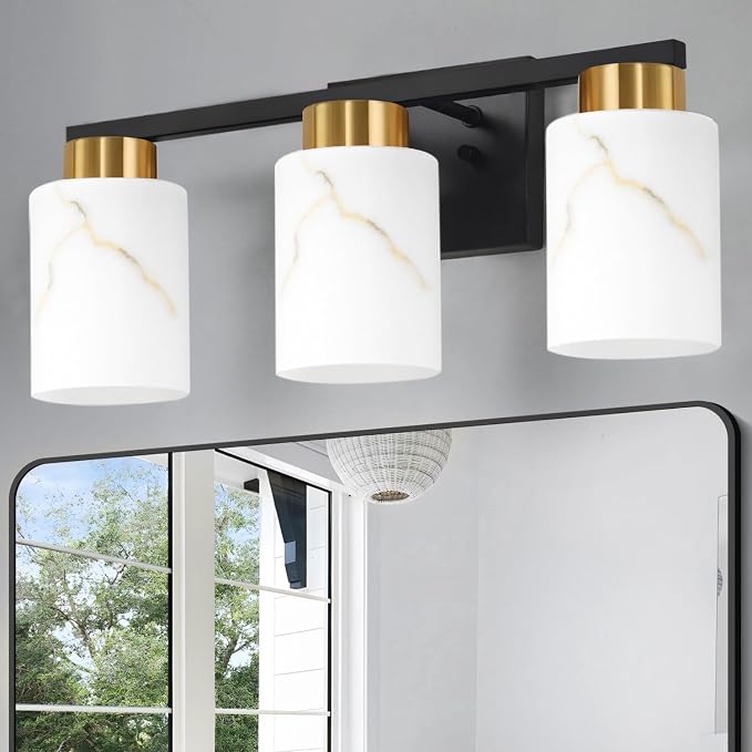 3-Light Bathroom Light Fixtures, Modern Vanity Lights, Black and Gold Metal Wall Lamp with White Marble Glass for Bathroom, Mirror, Living Room, Bedroom, Cabinet, Porch, Hallway, E26 Base