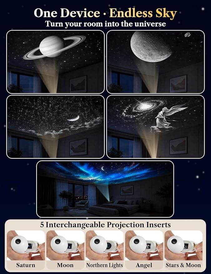 2-in-1 Galaxy Projector Night Light with 5 Projection Films | Stepless dimming, adjustable focus and 360° flexible gooseneck. USB powered for bedrooms, RVs, hotels and cruise cabins.