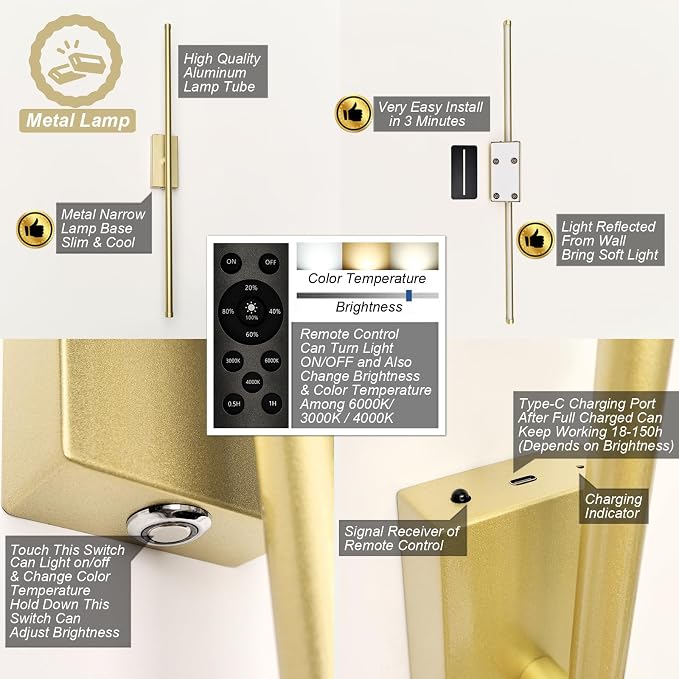 Set of 2 Rechargeable Gold Wall Sconce Peel and Stick Easy Mount | Battery Powered Cordless Picture Lights, Home Decor Linear Wall Sconces for Bedroom Living Room Hallway (28.3'')