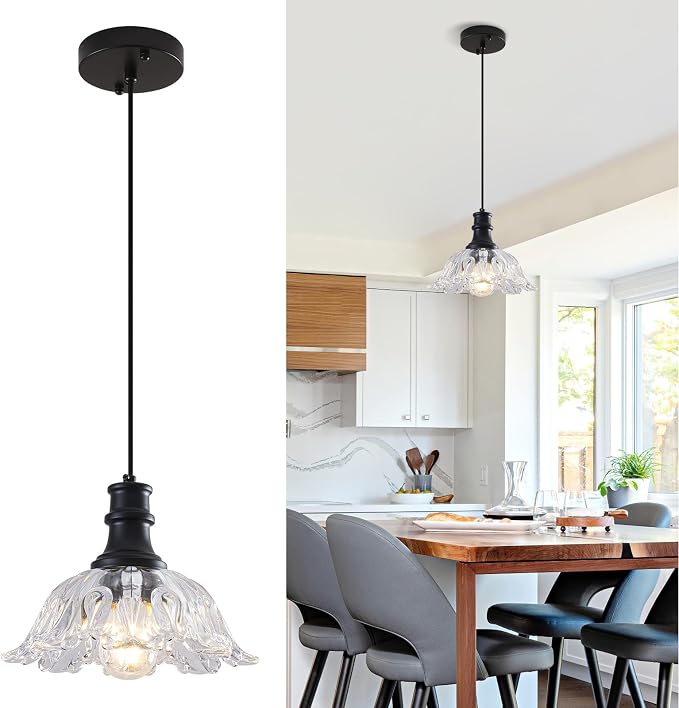 Vintage Pendant Light Fixture, Flower Pendant Light with Glass Shade, Adjustable Height Pendant Light for Kithcen Island, Dining Room, Living Room, Bathroom, Bedroom, Sink