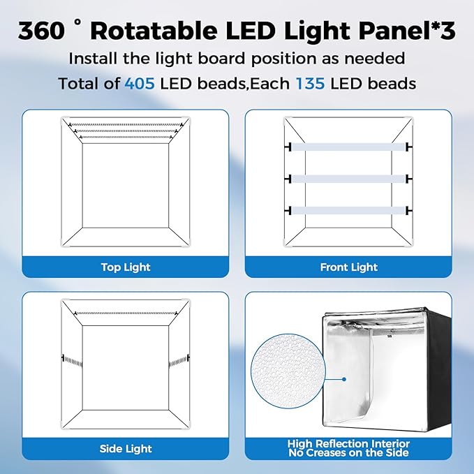 Photo Light Box, Portable 12/16/20/24/32 Photo Studio Light Box, Shooting Tent Kit with 405 Light Beads and 6 Color Backdrops. Lightbox with 3 Stepless Dimming Light Boards for Product Photography