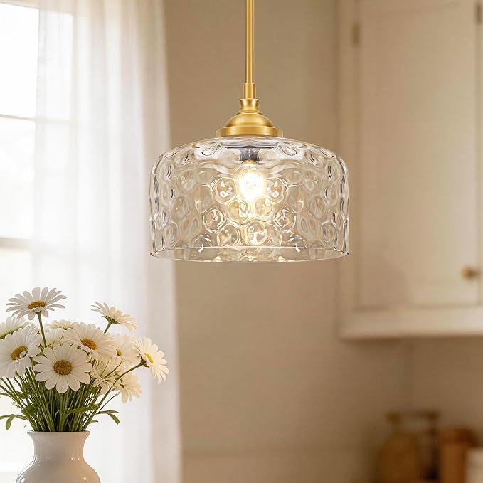 Modern Pendant Lights Kitchen Island, Brushed Gold Pendant Light Fixtures with 9.45" Clear Hammered Glass Shade, Industrial Hanging Pendant Lights for Kitchen Island Dining Room Bedroom Entryway