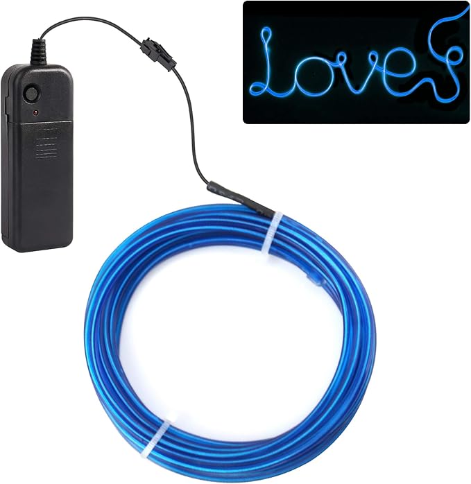 JIGUOOR EL Wire Battery Pack 16.4ft / 5m Bright Neon Light Strip 360° Illumination Neon Tube Rope Lights for DIY, Festival, Party Decoration, Pub, Halloween, Chrismas (16.4ft / 5m, Blue)