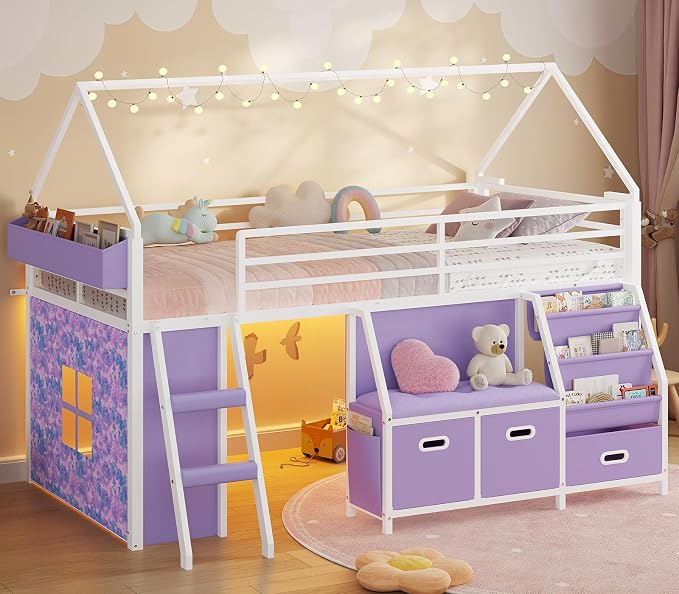 ADORNEVE Low Loft Bed Twin Size with Bookshelf, Reading Nook & 3 Drawers | Purple Kids Loft Bed, LED Light, Storage Drawers, Under-Bed Play Space,Safety Guardrail, Inclined Ladde, Play Curtain