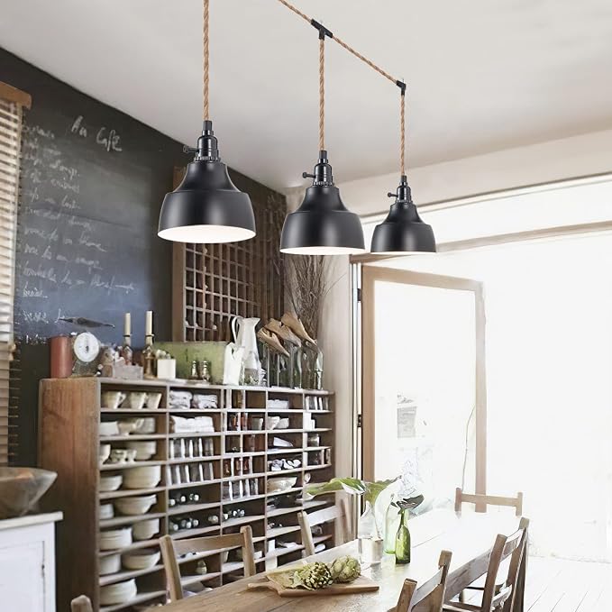 3 Light Plug in Pendant Light Cord 22FT Farmhouse Hanging Lamp | Industrial with Twisted Hemp Rope Independent Triple Switch Hanging Light Chandelier for Dining Room