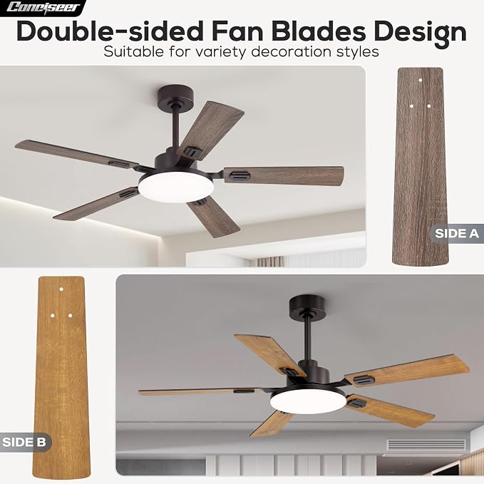 Conciseer 52 Inch Ceiling Fans with Lights and Remote for Bedroom Living Room Kitchen Office, Indoor/Outdoor Use, 6CCT Dimmable, 5 Blades 6 Speed Reversible Quiet DC Motor, Brown/Wood Grain