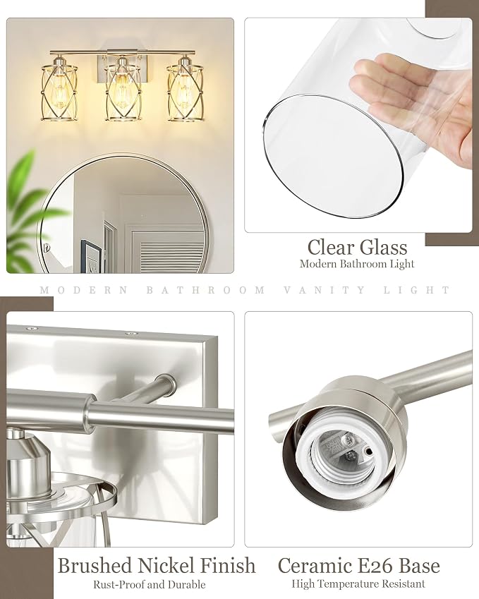 3-Light Brushed Nickel Bathroom Light Fixtures, 21 Inch Modern Bathroom Vanity Lighting Fixtures Over Mirror with Clear Glass and Metal Cage Wall Sconce Lights for Bath, E26, CH9176BN-3W
