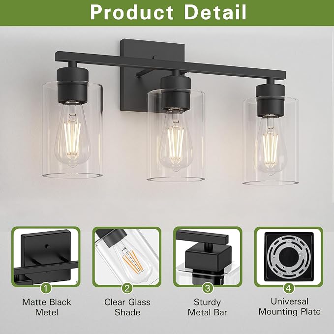 Matte Black Bathroom Vanity Light, 3-Light Vanity Lighting fixtures Over Mirror, Round Design & UL Certification, Wall Sconces with Clear Glass Shades, E26 Socket (Bulbs Not Included)