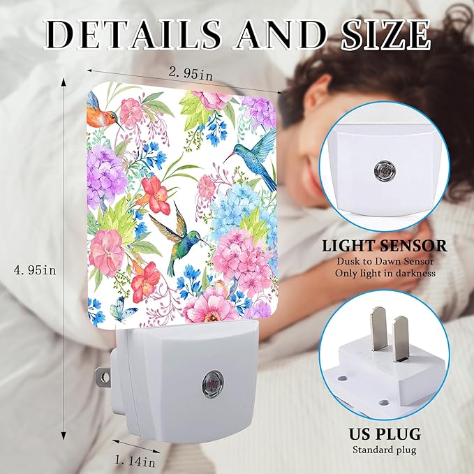 Hummingbird Flower Night Light, Plug-into Wall Spring Floral Flower Nightlight Lamp with Dusk to Dawn Sensor, Led Lamp 0.5W Energy Efficient for Boys Girls Adults Home Decor