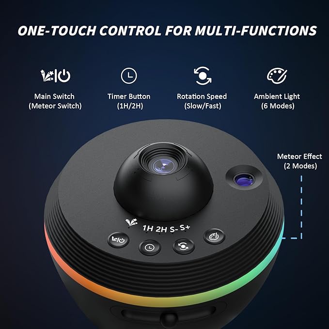 Galaxy Projector with 1 Glass Projection Disc, Star Projector Home Planetarium, 180° Rotatable Starry Sky Night Light with Meteor Effects & Light Strip for Bedroom, Kids & Adults Gift (Black)