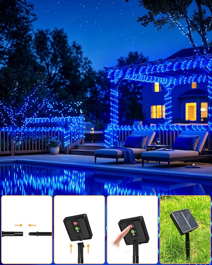 btfarm Solar Rope Lights, 120LED 46FT String Lights Outdoor Waterproof | 8 Modes, Timer & Memory Function, Tube Trampoline lighting for Outside Garden Tree Christmas Yard Patio Decor, Blue