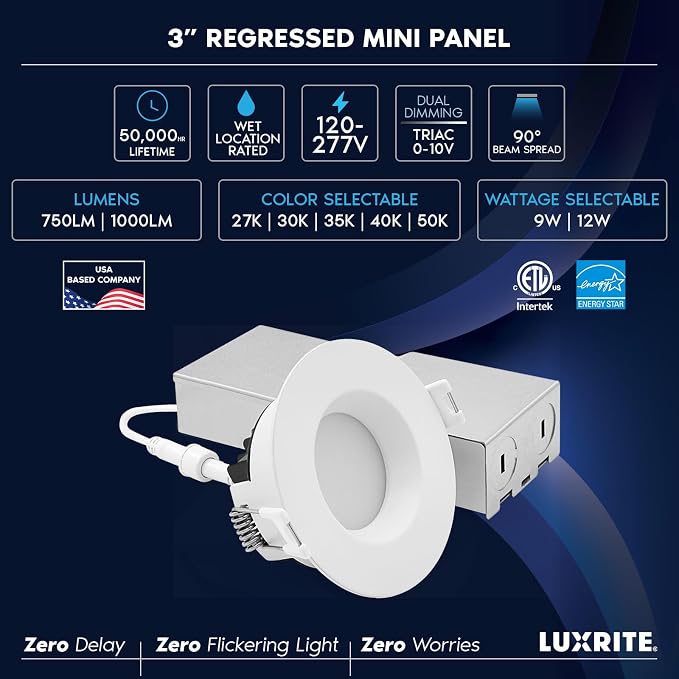 LUXRITE 3 Inch LED Recessed Light, Regressed Mini Panel Spotlight, 5CCT 2700K-5000K, 9/12 Watt, 750/1000 Lumens, Dual Dimmable (TRIAC & 0–10V), 90° Beam, Wet Rated, ETL Listed (6 Pack)