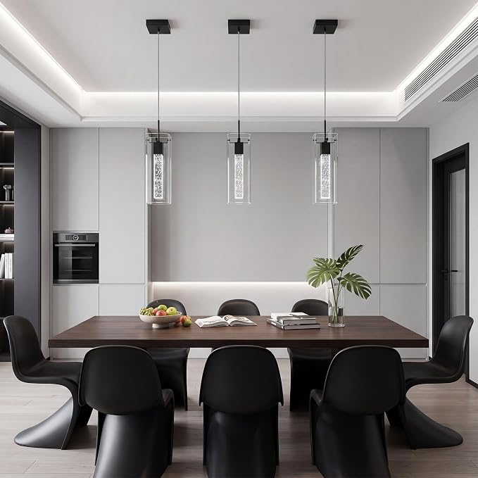 Pendant Lights Kitchen Island, 3 Pack 6500K LED Kitchen Lighting Crystal Island Light with Bubble Glass, Matte Black Kitchen Hanging Light Fixture Modern Pendant Ceiling Light Fixture