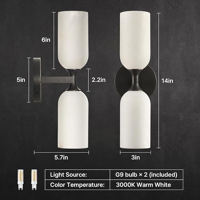 14" Alabaster Wall Sconce, Antique Oil Rubbed Bronze Black Brass | Natural Spanish Alabaster, Unique Marble Pattern, Solid Aged Brass, Elegant Statement Design, Horizontal or Vertical Mounting