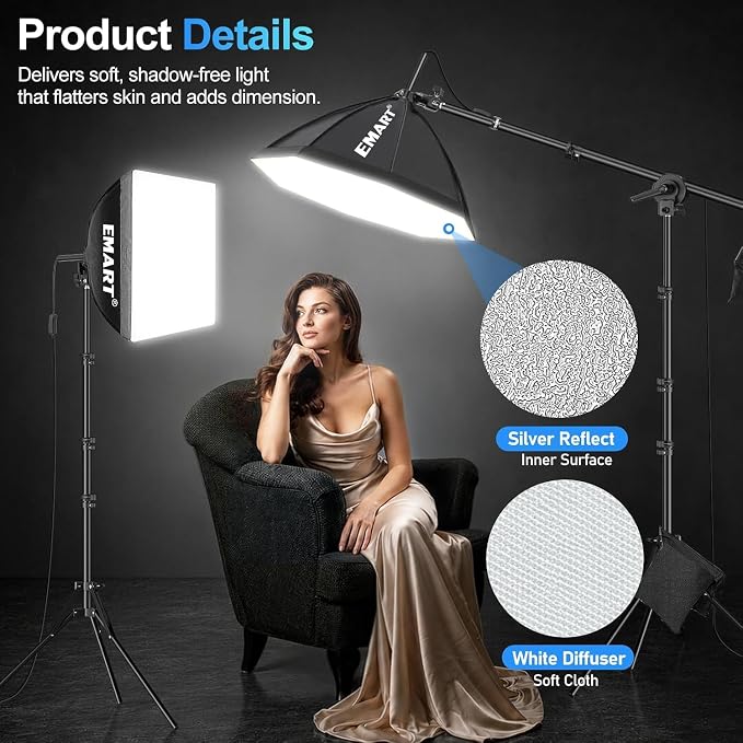 EMART Softbox Photography Lighting Kit, 50W LED 2PCS Soft Box with Boom Arm | Professional Equipment 16"x16" & 20"x20" Softbox, 50W 3000-6000K LED Bulbs, APP/Remote, Stand with Boom Arm for Studio, Vedio