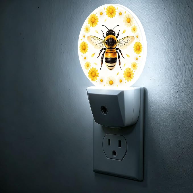 Nightlight Honey Bee Plug-in Night Lights Dusk to Dawn | Sweet Yellow Night Light LED Round Lamp with Auto on/off Sensor for Kitchen Hallway Bedroom Bathroom
