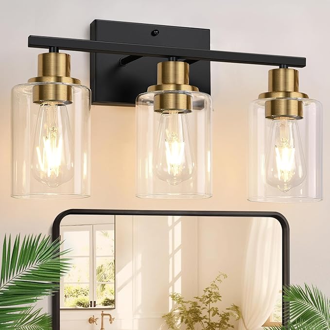 Indoi 3-Light Bathroom Light Fixtures, Black and Gold Modern Vanity Lights with Clear Glass Shades, Bathroom Wall Lamp for Mirror Living Room Cabinet Bedroom Porch