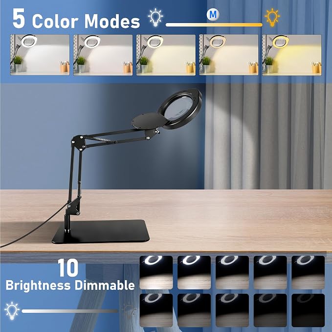 10X Magnifying Glass with Light and Stand, Black 4.3" Helping Hands Soldering Station with 4 Flexible Helping Arms, 5 Color Mode, 10 Dimmable Levels for Electronics Repair, Jewelry, Hobby