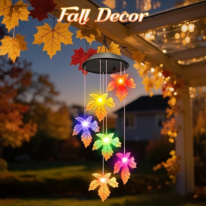 Winzwon Fall Decor Thanksgiving Decorations Solar Lights Wind Chimes | Hanging Maple Leafed Halloween Autumn Decorations, Birthday Gifts for Women, Outside Garden Yard Patio Porch Decor