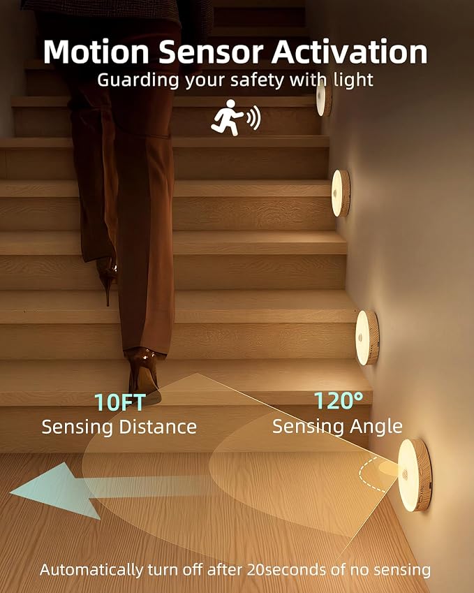 EZVALO Under Cabinet Lighting, 1000mAh Rechargeable Puck Lights with Remote, 3 Color Temps & 12 RGB Motion Sensor Closet Lights Indoor, Dimmable Under Counter Lights for Kitchen (Wood Grain, 6 Packs)