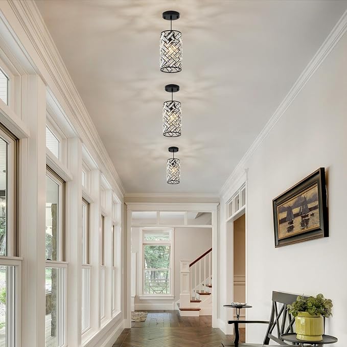 CATINER Modern Black Crystal Pendant Light Fixture, Mini Chandelier 3-Pack for Kitchen Island, Dining Room, Living Room, Hallway, Porch, Bedroom Lighting