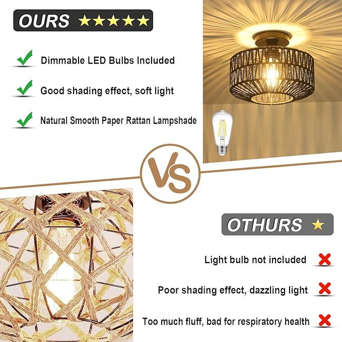 Rattan Light Fixtures Ceiling Mount,Boho Ceiling Light Fixture with Dimmable LED Bulb，Mini Hand Woven Rattan Chandelier Light Fixtures Ceiling for Bedroom Kitchen Entryway Living Room Hallway（Black）