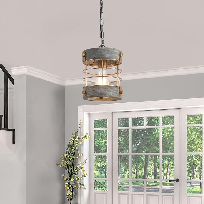 Farmhouse Pendant Light, Adjustable Metal and Wood Chandelier Light Fixture, Rustic Pendant Lighting for Kitchen Island, Bedroom, Dining Room and Entryway, Blue Gray