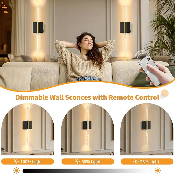 Battery Operated Sconces Set of 2, 28in Rechargeable Wireless Wall Lights | 8000mAh Dimmable Modern LED Wall Lamp Fixtures with Timer Function for Living Room Bedroom Bathroom Hallway, Black