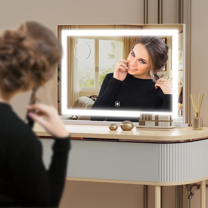 Gvnkvn Makeup Vanity Mirror with Lights 26" x 20" Large LED Makeup Mirror, Light up Mirror with 10X Magnification and USB Charging Port, Dimmable 3 Modes, Touch Screen Control Square Corner