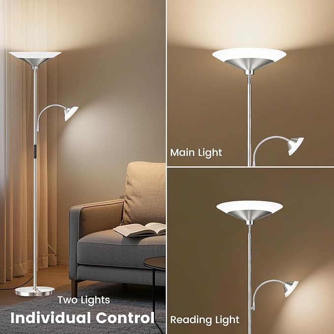 Metallic Sliver Torchiere Floor Lamp, 2 Way 72'' Dimmable LED Standing lamp with Rmote, Multi Color Temps, 34W Tall Light with Independent Control for Living Room Bedroom Office Reading ﻿