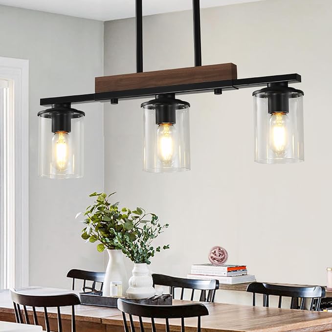 23.6" Dining Room Fixture Over Table,Farmhouse Chandelier | 3-Light, Black Modern Rustic Wood Pendant, Adjustable Height, Clear Glass Shade, Linear Hanging Lighting for Kitchen Island