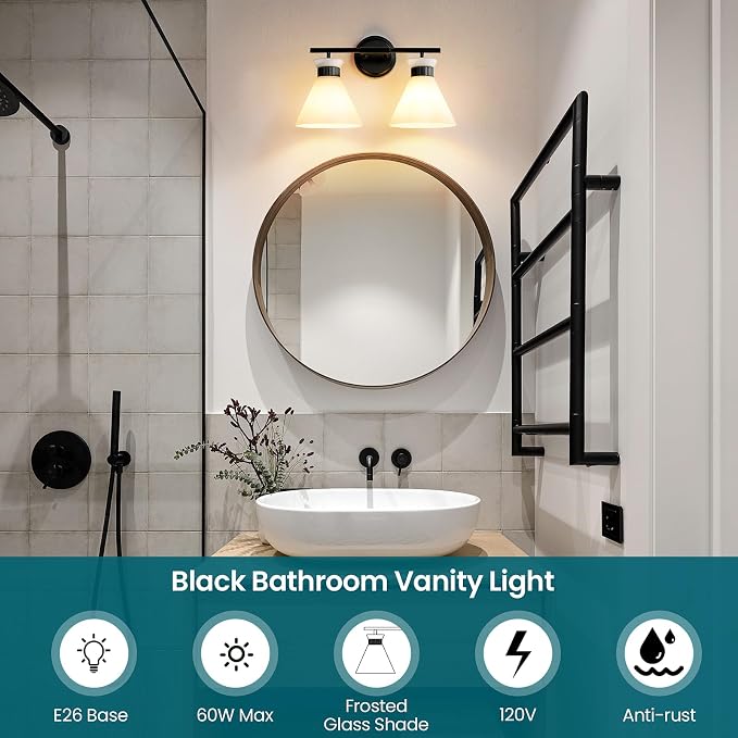 WOSHITU Black Bathroom Vanity Light Fixtures: Bathroom Lighting Fixtures Over Mirror 17.3 inch with Milky White Frosted Glass, 2-Lights Mid Century Modern Vanity Lighting Wall Light(Exclude Bulb)