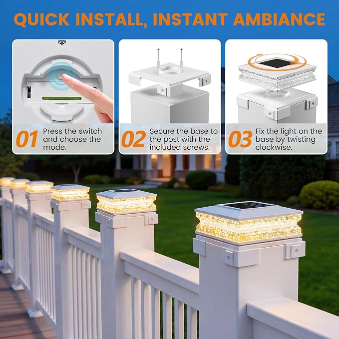 APONUO Solar Post Cap Lights Outdoor, 3 CCT& 2 Brightness Deck Post Lights Solar Powered for 4x4 5x5 6x6 Vinyl Wooden Posts, Waterproof Dusk to Dawn Fence Deck Lights for Patio Garden, White, 12-Pack