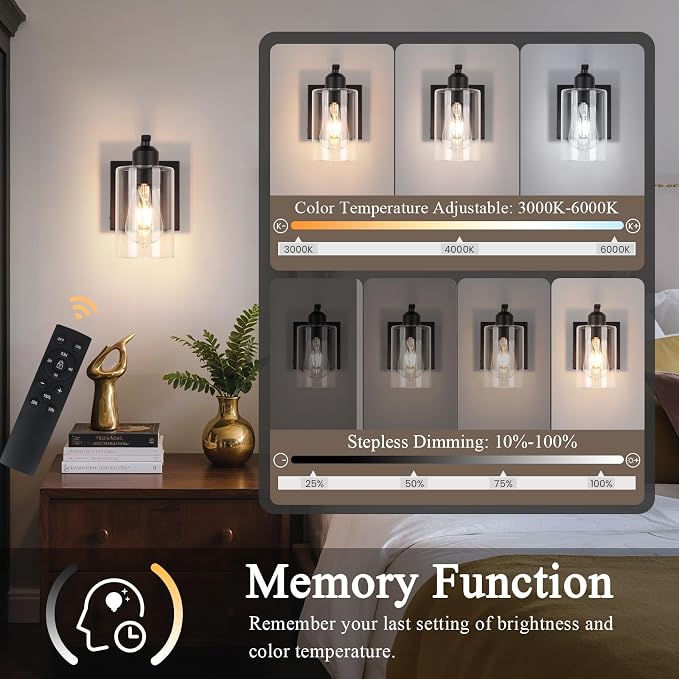 BELS 8 Inch Battery Operated Wall Sconces Set of 2, Farmhouse Wall Lights Fixture with Clear Glass, 4000K, Remote Control, Dimmable, Black Wall Sconces for Mirror, Bathroom, Bedroom