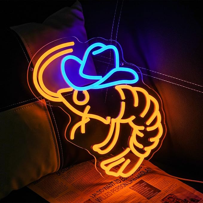 Cowboy Shrimp Neon Sign for Wall Decor, USB Powered Shrimp Neon Light Wall Art, Seafood LED Light Up Sign for Seafood Restaurants, Pub, Store, Man Cave