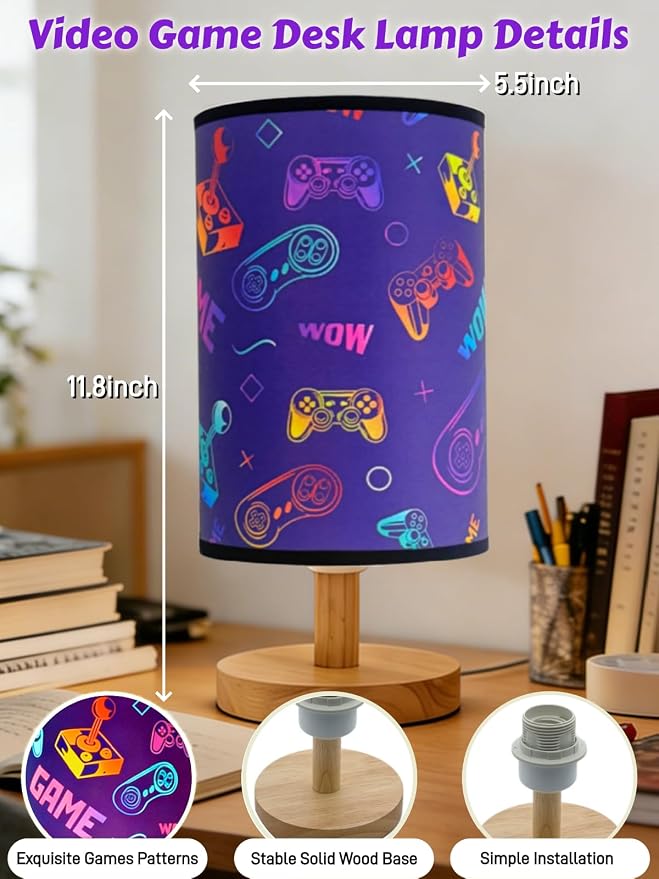 Video Game Table Lamp,Gaming Lamp for Bedroom Boys Gaming Lights,3 Colors Mode Nightstand Night Light with Cartoon Lampshade Kids LED Desk Lamp for Home Gamer Room Decor Gifts for Gamers