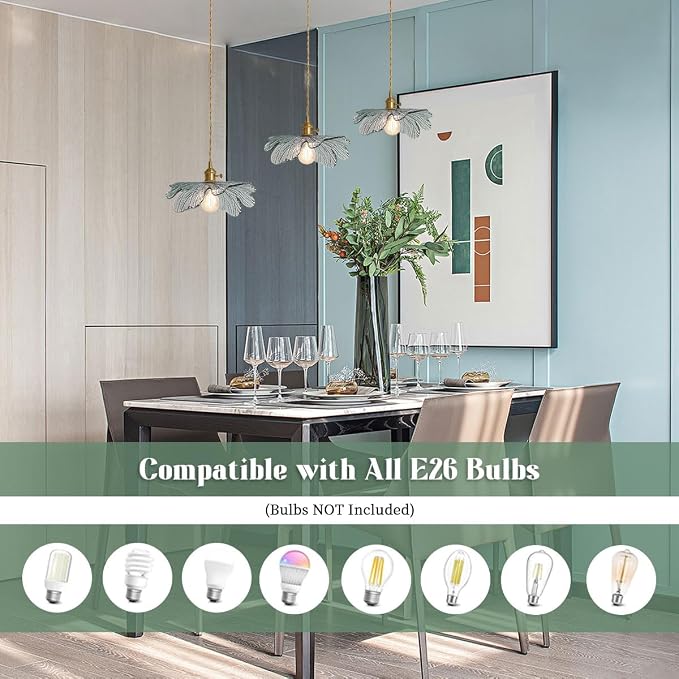 3-Light Mid Century Chandelier Dark Green Leaf Glass for Kitchen | Vintage cluster Pendant Light Fixtures, Hanging Lamp, E26 Gold Brass , flush mount Adjustable 59" For Dining room Bathroom