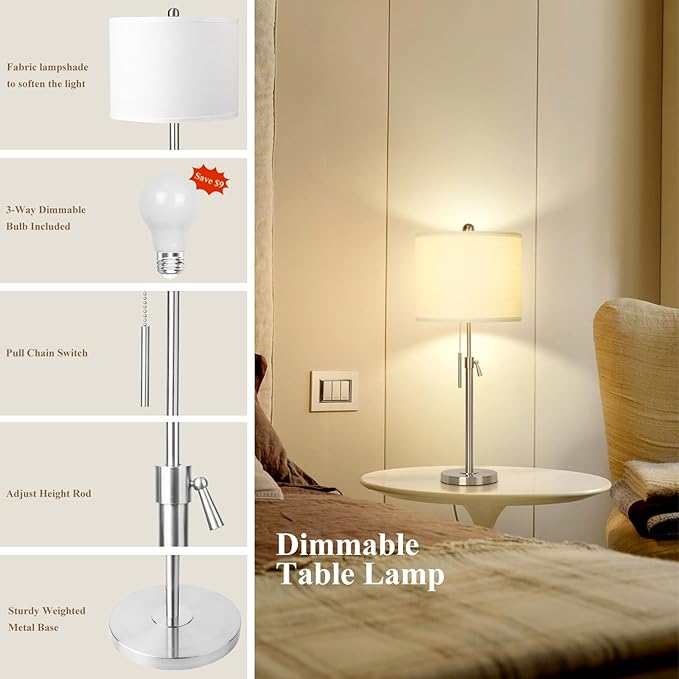 Table Lamps for Bedrooms Set of 2, 22" to 30" Height Adjustable Nightstand Lamps with Linen Shade, Pull Chain Switch Lamps for Living Room, 3 Way Dimmable Bedside Lamp