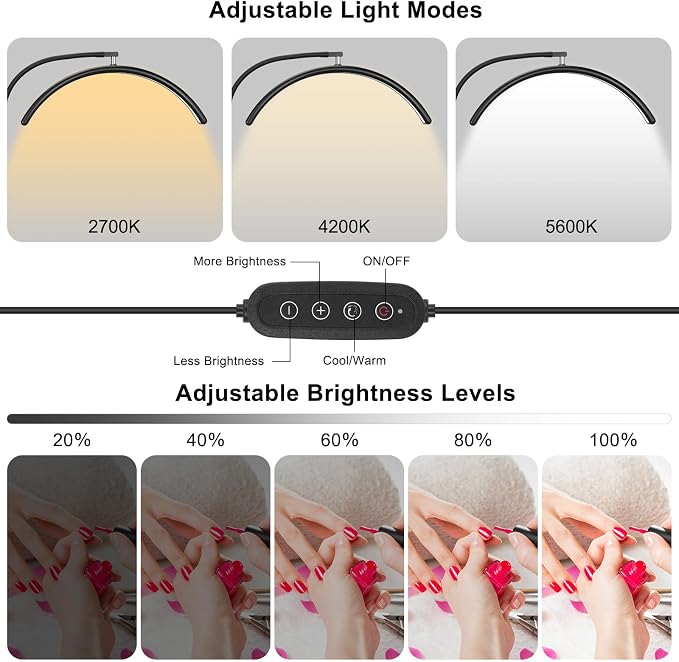 Professional Half Moon LED Desk Light for Nail Techs & Artists – Flexible Gooseneck Lamp with Clamp, 5 Color Modes & 5 Brightness Levels for Manicure, Tattoo, Beauty Work