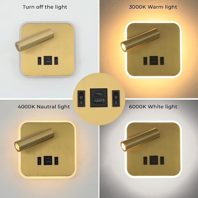 LED Wall Lamp With Wall Mounted Reading Lights,Modern Wall Sconce Plug in for Bedroom or Living Room With Charging Station USB C+A Ports,Headboard Bedside Lamps With 3W+9W Night Light 3000K