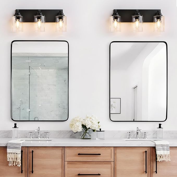 3-Light Matte Black Bathroom Vanity Light, Clear Glass Shade | 18.8" Wall Mount Over Mirror Lighting Fixtures, Durable Metal, Modern Farmhouse Style, for Bathroom, Bedroom, Easy To Install