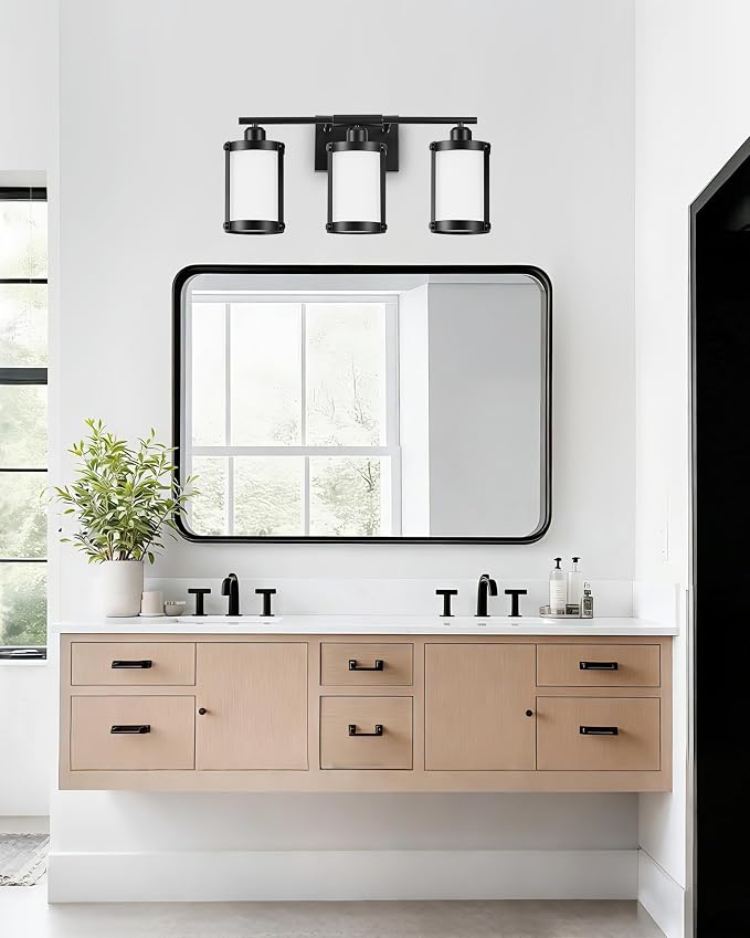 3-Light Black Bathroom Light Fixtures with Milk White Frosted Glass, 21" Modern Bathroom Vanity Lighting Fixtures Over Mirror with Metal Cage, Wall Sconce Lights for Bath, E26, OS-3014BKW-3W