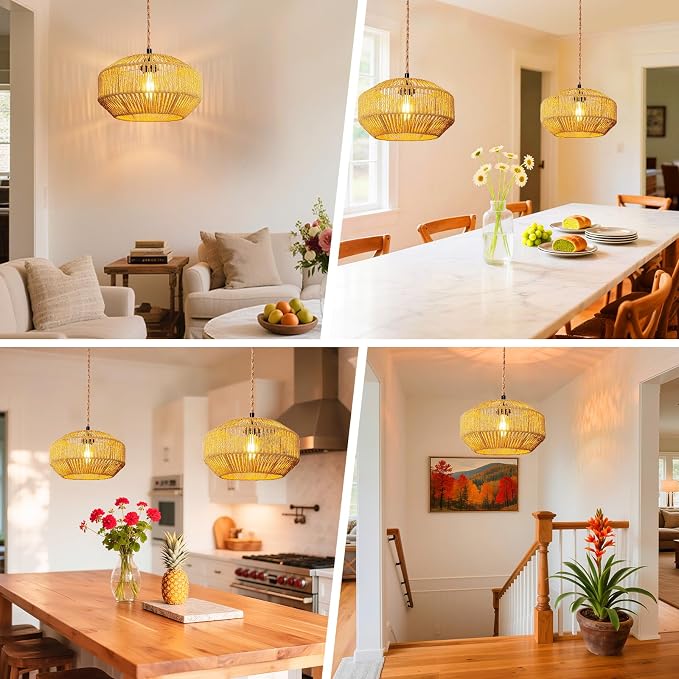 Hanging Light Ceiling Lamp Pendant Lights Rattan Hanging Lamp with Plug in Cord for Living Room Bedroom Kitchen Indoor Hanging Lamp Plug in Woven Lampshade