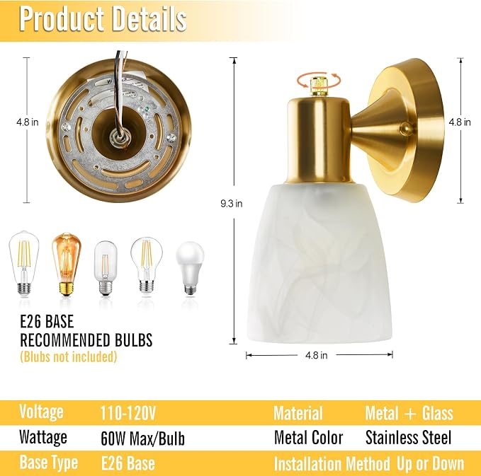 EJIAXIN Wall Sconces Set of 2, Gold Vanity Lights for Bathroom, Modern Wall Light Fixtures with Rotary Switch, Wall Mount Light with Frosted Glass, Farmhouse Lamp for Bedroom Living Room